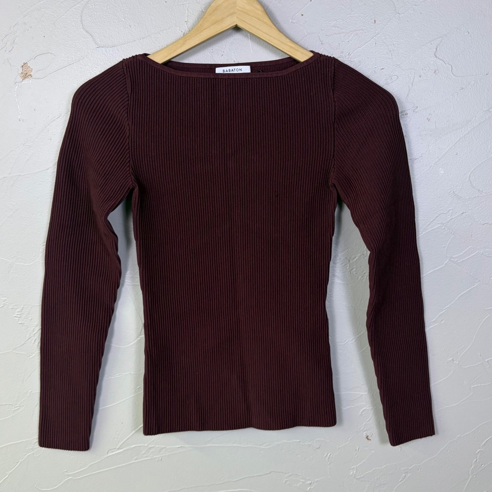 Babaton Sculpt Knit Long Sleeve Top Women S Burgundy Ribbed Boatneck Minimalist